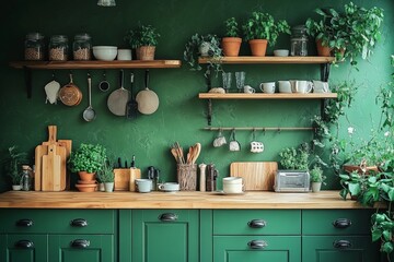 Cozy green kitchen with rustic decor and vibrant plants on shelves