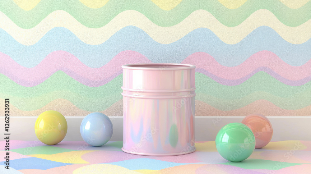 Poster pastel colored metal bucket surrounded by colorful balls on wavy patterned background