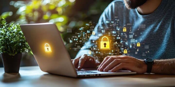 data encryption visualized with digital locks and secure servers in a neutral office environment, emphasizing safe browsing and internet security