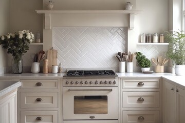 Bright and modern kitchen featuring elegant cabinetry and a stylish gas stove arranged with fresh flowers and utensils