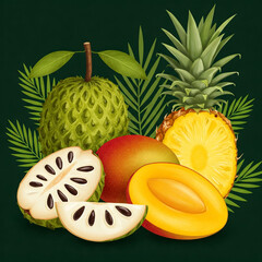  Tropical Fruit Composition: Pineapple, Soursop, Mango, Detailed Illustration, Dark Green Background, Ideal for Food and Beverage Designs