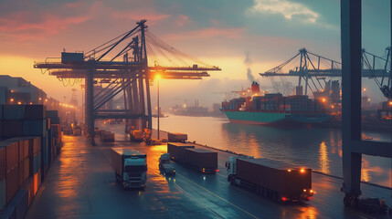 Obraz premium Container truck in ship port for business Logistics and transportation of Container Cargo ship and Cargo plane with working crane bridge in shipyard at sunrise, logistic import export and transport