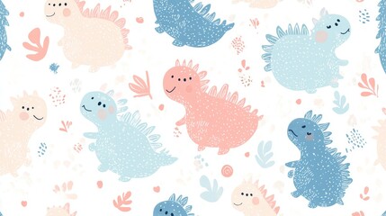 Cartoon dinosaur seamless pattern, cute dino background, animal character print, funny kid colorful collection. Drawing kindergarten bg. Vector illustration