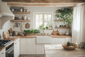Bright and airy kitchen with natural elements and rustic decor in a cozy home