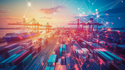 Fototapeta premium Container truck in ship port for business Logistics and transportation of Container Cargo ship and Cargo plane with working crane bridge in shipyard at sunrise, logistic import export and transport