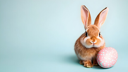 un conejo esponjoso y adorable conejo de pascua con huevo de pascua decorado con un fondo azul pastel liso con espacio de copia para diseño creativo 