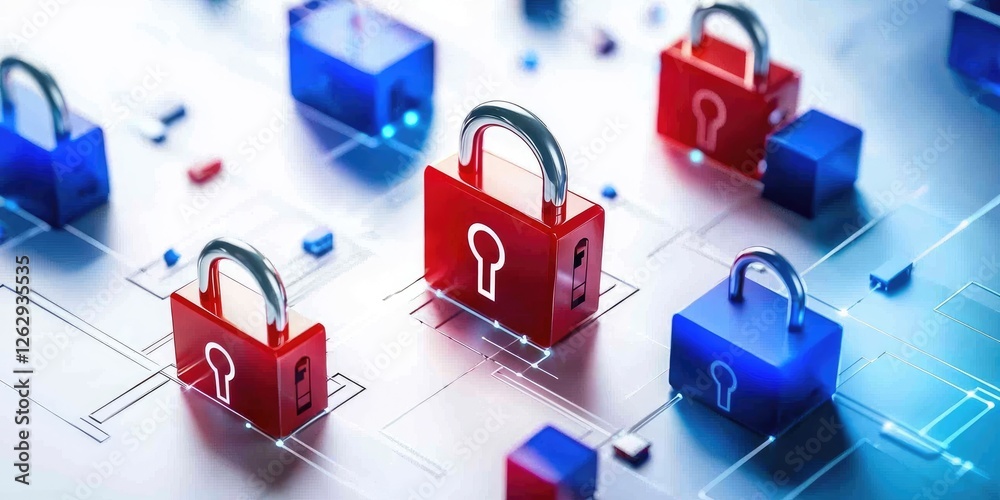 Fototapete data encryption visualized with digital locks and secure servers in a neutral office environment, em