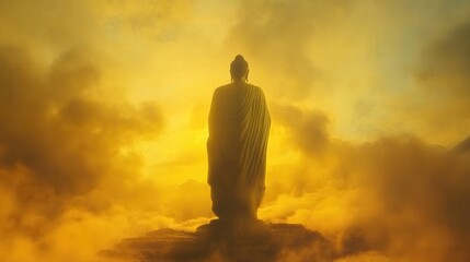 Obraz premium Golden sunrise illuminates a tranquil buddha statue amidst a mystical foggy landscape in serene harmony. Generative AI