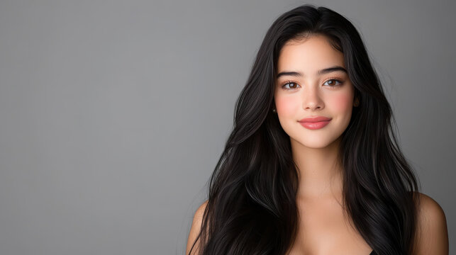 stunning young woman with long, sleek black hair smiles warmly against neutral background, exuding confidence and grace. Her natural beauty captivates viewer