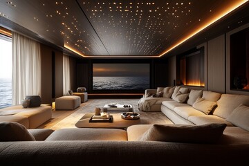 Luxurious modern living room with ocean view and ambient lighting during sunset