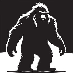 Giant Bigfoot Yeti silhouette vector illustration and black and white cartoon illustration of a big foot and black and white cartoon illustration