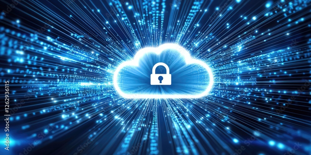 Fototapete data encryption in cloud storage depicted through a digital lock over a cloud with binary code, mini