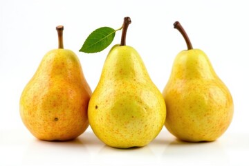 Cluster of three pears, varying ripeness, studio shot, bright, white