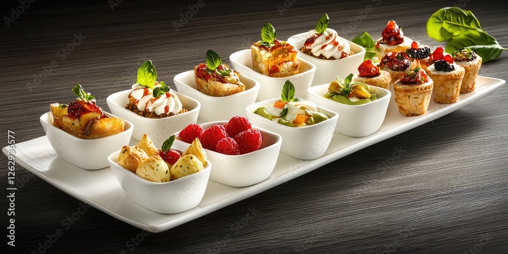 Poster line connection, visually appealing appetizer spread on a sleek plate, soft lighting and natural tex