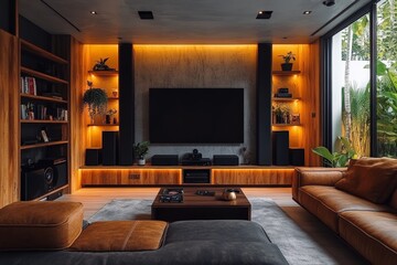 Modern living room with ambient lighting and sleek furniture in a stylish home