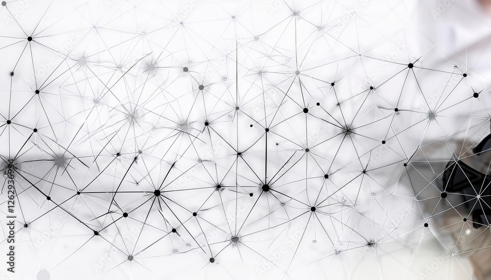 Poster minimalist network connection art, abstract polygon mesh design, black lines and nodes on white, digital web structure

