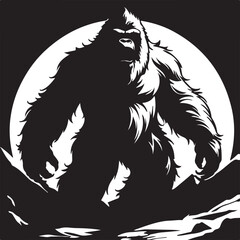 Giant Bigfoot Yeti silhouette vector illustration and black and white cartoon illustration of a big foot and black and white cartoon illustration