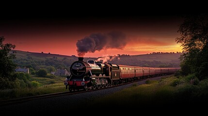Obraz premium Sunset steam train journey, rural landscape, countryside travel