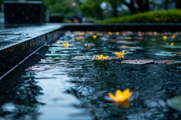 Fototapeta premium Rain-soaked water lilies in a garden pond