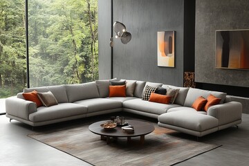 Modern living room with spacious sectional sofa and natural greenery view through large windows