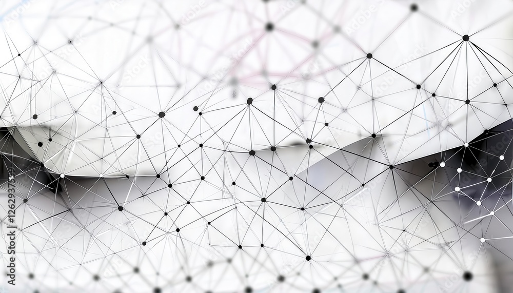 Poster minimalist network connection art, abstract polygon mesh design, black lines and nodes on white, digital web structure


