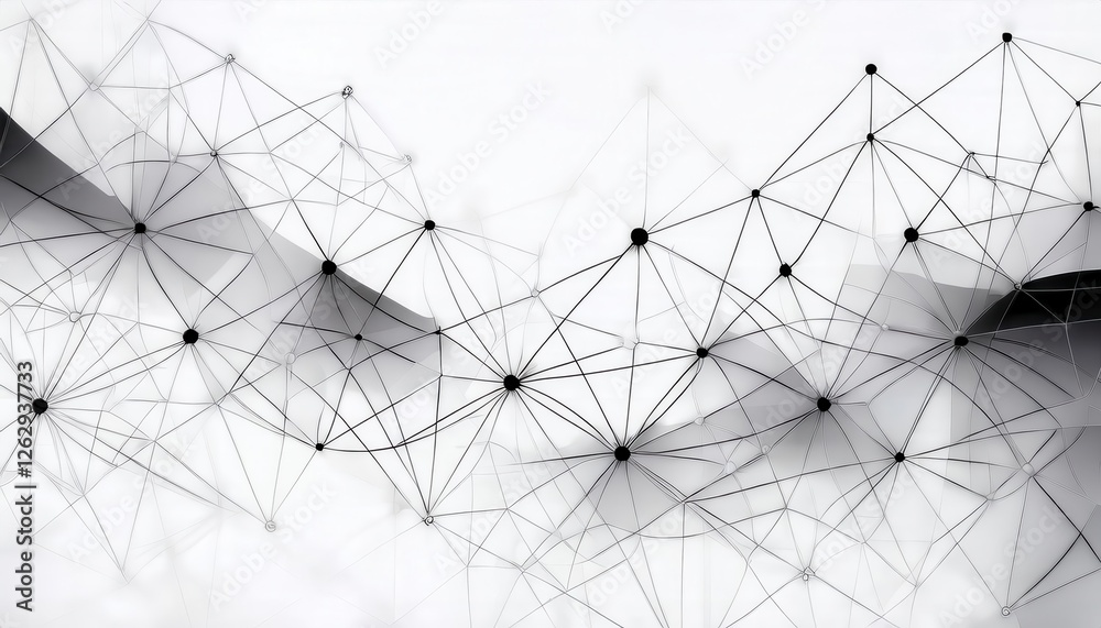 Poster minimalist network connection art, abstract polygon mesh design, black lines and nodes on white, digital web structure

