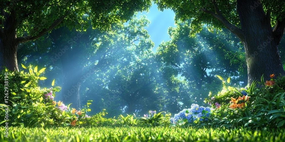 Poster line connection in a tranquil forest enveloped in morning mist, soft light filtering through trees, serene atmosphere, natural elements