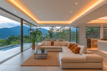 Modern living room with stunning mountain views and stylish decor in a contemporary home