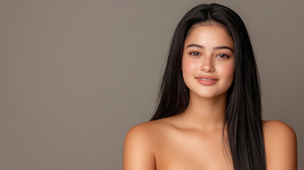 Fototapeta premium young woman with long, straight hair smiles softly against neutral background, exuding confidence and warmth. Her natural beauty is highlighted by simple setting