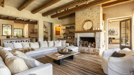 Rustic Living Room Background with Exposed Beams and Stone Fireplace