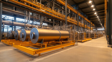 industrial factory interior featuring large metallic tanks and piping systems, showcasing modern chemical processing facility with spacious layout and organized structure