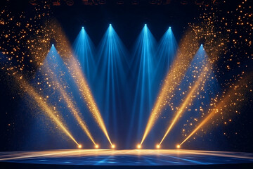 Golden and blue spotlight backdrop. Illuminated blue stage, concert theater or club background. Magic night with blue scene and golden glitter lights