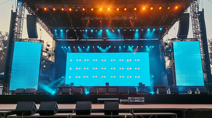 Outdoor concert stage with LED screens and vibrant lights, set up for a music festival or performance, showcasing a dynamic and colorful atmosphere with modern technology and entertainment elements.
