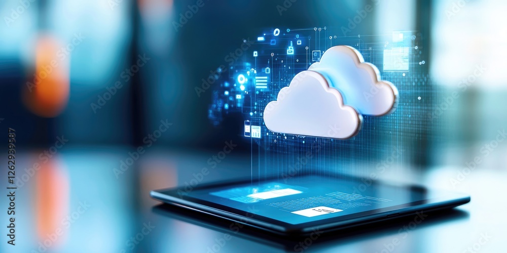 Aufkleber modern office setup featuring digital signature software on a tablet, cloud storage elements above, 