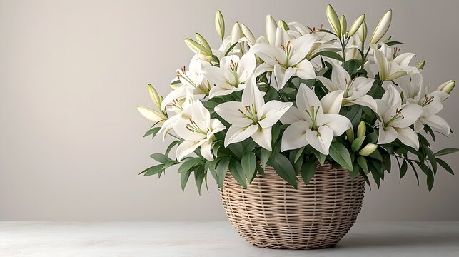 Exquisite minimalist flat lay showcasing a vintage style flower basket filled with graceful white lilies and lush greenery against a serene white background perfect for elegant branding invitations