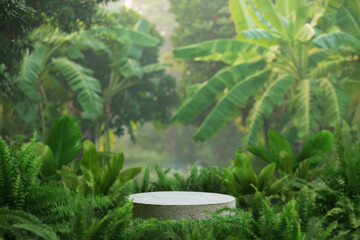 minimal concrete podium table top with outdoors in tropical forest nature background.natural product pedestal modern stand display,jungle paradise concept.