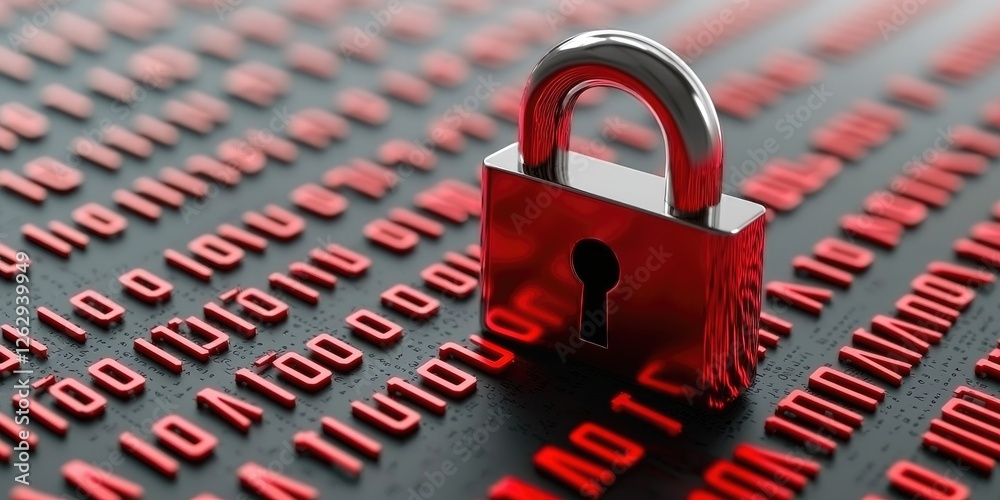 Fototapete Data encryption concept with a secure lock symbol overlaid on abstract binary code, neutral background, storytelling focus on cybersecurity measures, minimal props.