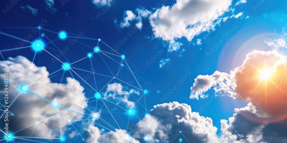 Poster cloud formations with data overlays representing weather patterns, emphasizing the science of meteorology, set against a neutral sky background