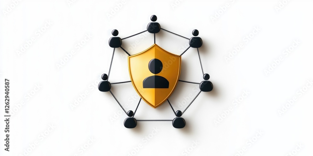 Poster visual representation of risk management and threat prevention, featuring a shield icon and network 