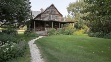 Rustic Wooden House With Pathway In Countryside Lawn
