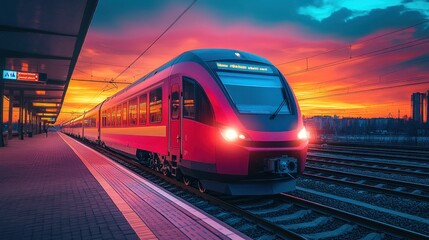 Naklejka premium Sunset Train Departure City Station Platform