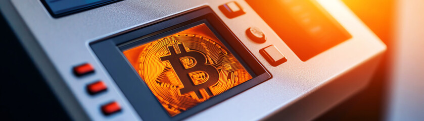Bitcoin ATM screen displaying cryptocurrency with orange glow highlighting digital currency transaction technology.