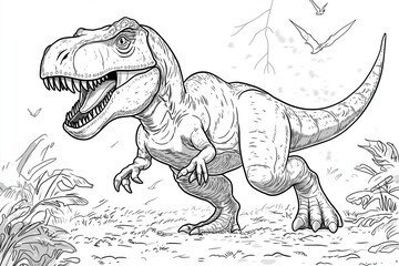 Fototapeta premium T-Rex Dinosaur Coloring Sketch: Detailed Prehistoric Wildlife Art for Kids' Creative Adventure in Jurassic Nature