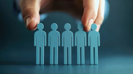 Hand selecting wooden figures representing employees, symbolizing engagement and teamwork in corporate setting. This highlights importance of employee involvement