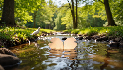 Love letter floating in a stream with a dove in a romantic mood surrounded by nature