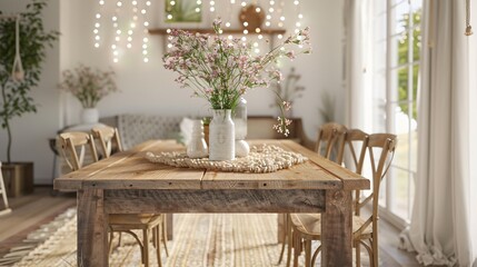 Bright Rustic Farmhouse Dining Room Background with Wooden Table and Flower Vase