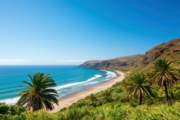 Obraz premium Coastal Beach View with Palm Trees. Scenic Tropical Beach with Waves. Possible Use Vacation Stock Image