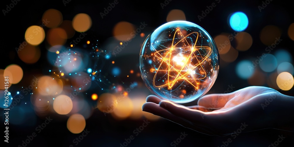 Poster Quantum mechanics concepts illustrated with floating equations, a transparent atom model, and a subtle dark background