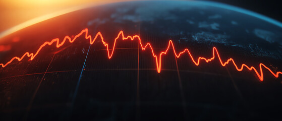 Fototapeta premium Digital graph with orange line on globe background representing global data trends and technology analysis.