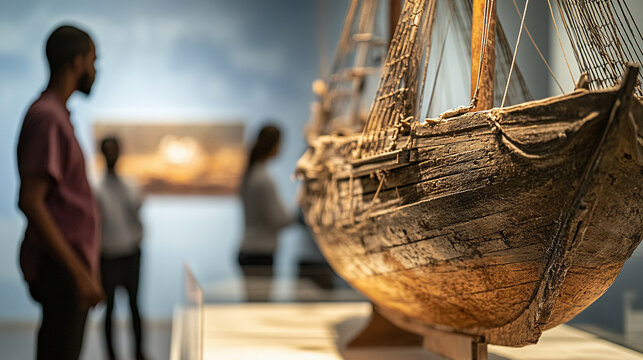 A close-up of an old slave ship model displayed in a museum, with visitors reflecting solemnly, symbolizing the unimaginable suffering endured by millions during the forced transatlantic journey
